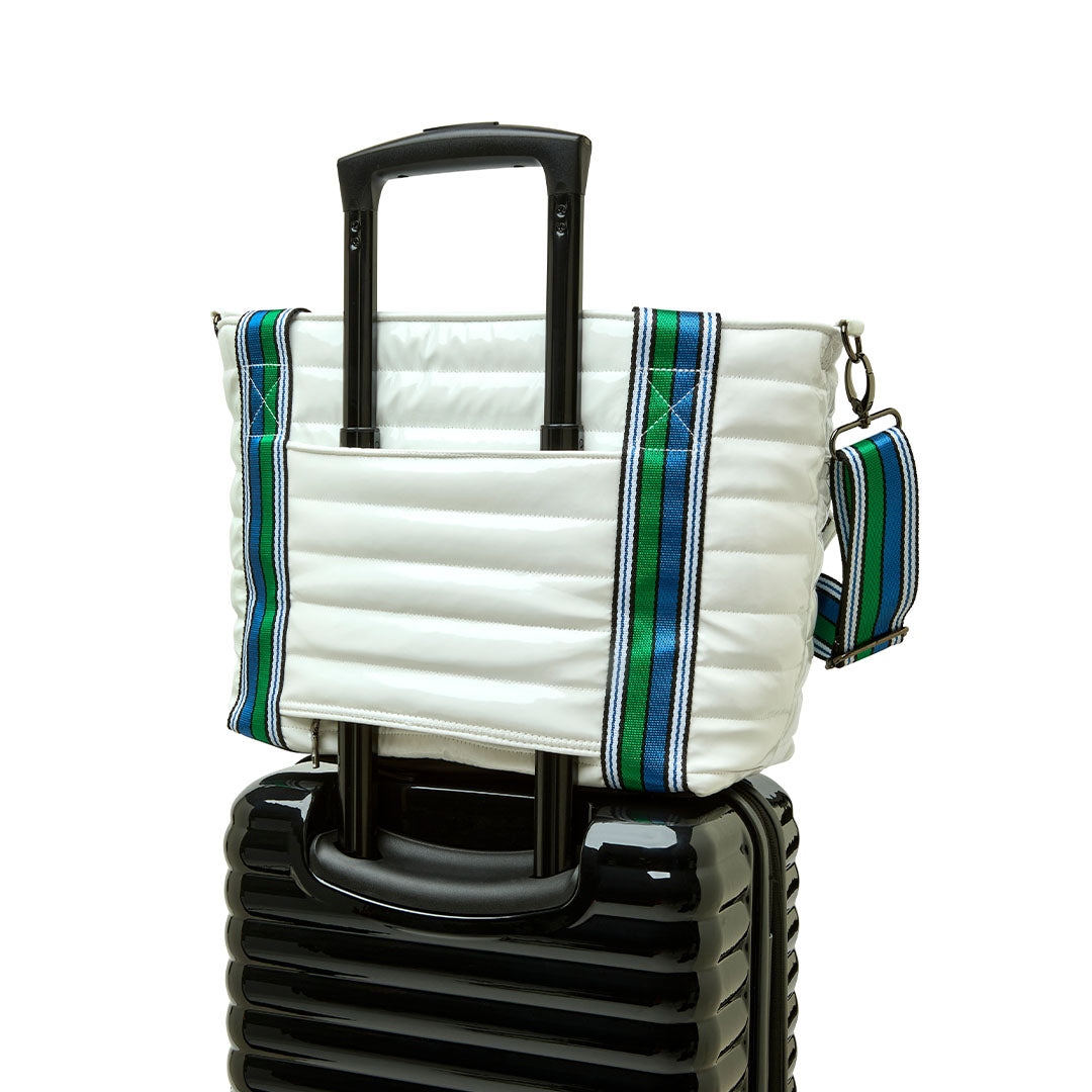 Black patent Ace of the Court pickleball bag by Think Royln with multiple compartments and sleek design for easy carrying.