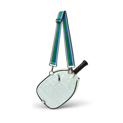 Black patent Ace of the Court pickleball bag by Think Royln with multiple compartments and sleek design for sports gear storage.