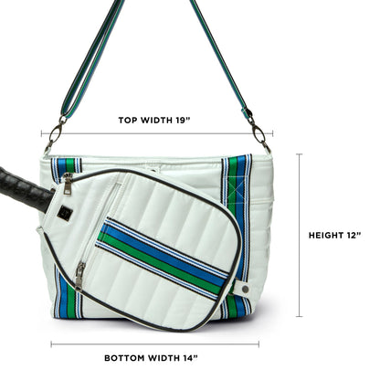 Black patent Ace of the Court pickleball bag by Think Royln with multiple compartments and stylish design.