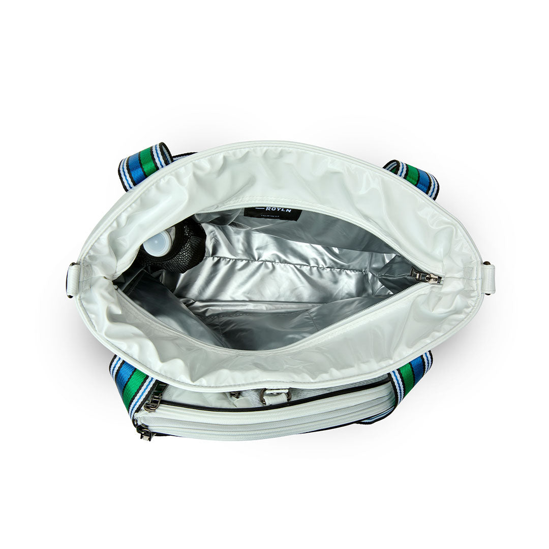 Black patent Ace of the Court Pickleball Bag by Think Royln with multiple compartments and sleek design for sports gear storage.