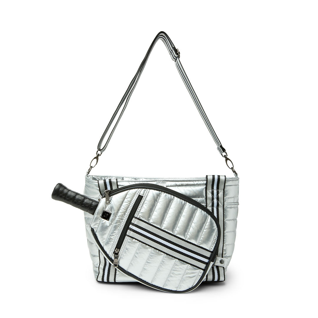 Black patent Ace of the Court pickleball bag by Think Royln with multiple compartments and sporty design.