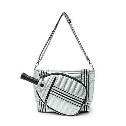Black patent Ace of the Court pickleball bag by Think Royln with multiple compartments and sporty design.