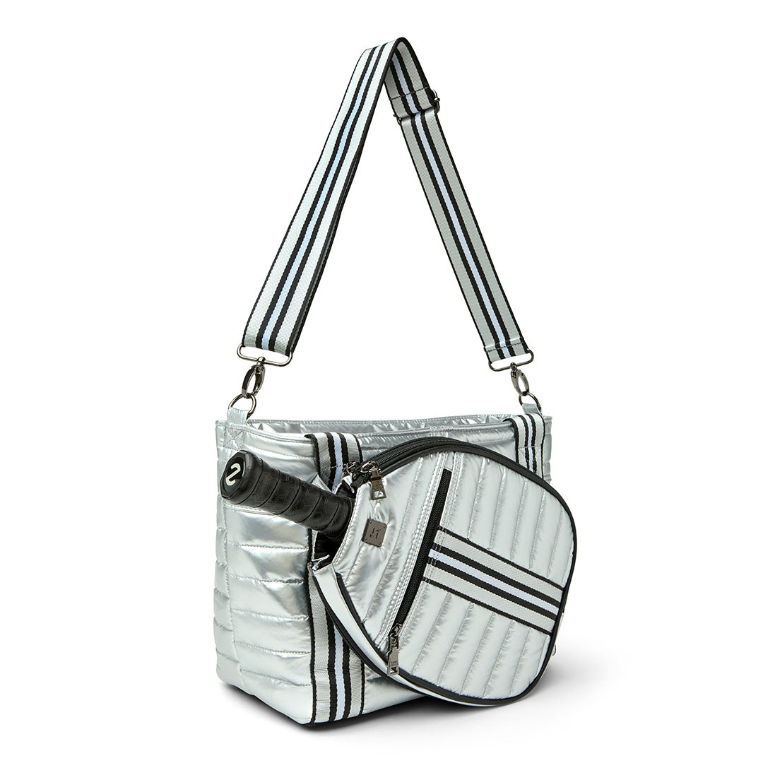 Black patent Ace of the Court pickleball bag by Think Royln, stylish and spacious with multiple compartments for sports gear.