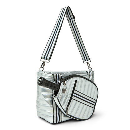 Black patent Ace of the Court pickleball bag by Think Royln, stylish and spacious with multiple compartments for sports gear.