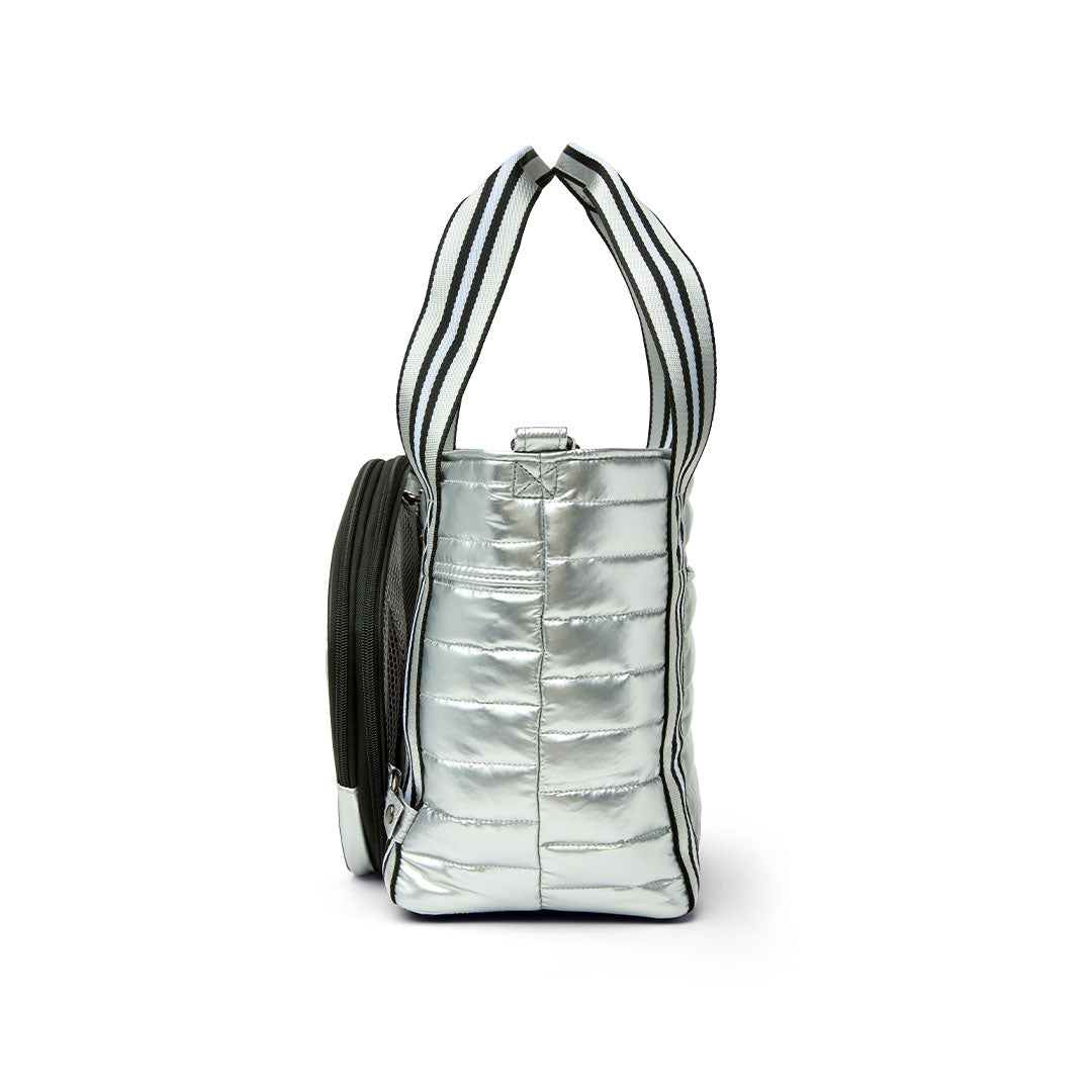 Think Royln Ace of the Court pickleball bag in sleek black patent with multiple compartments for storage and style.