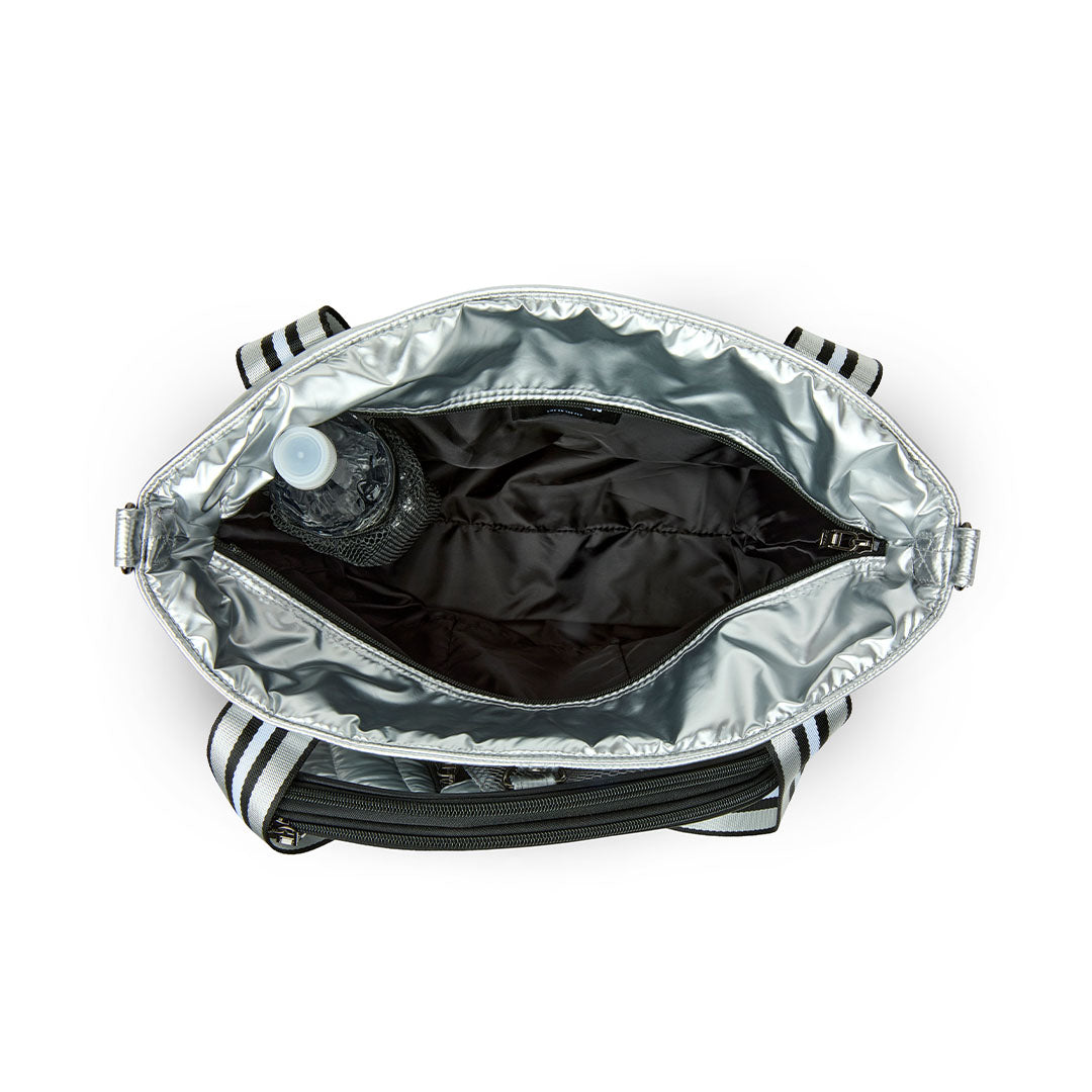 Think Royln Ace of the Court pickleball bag in sleek black patent finish, stylish and functional for pickleball gear storage.