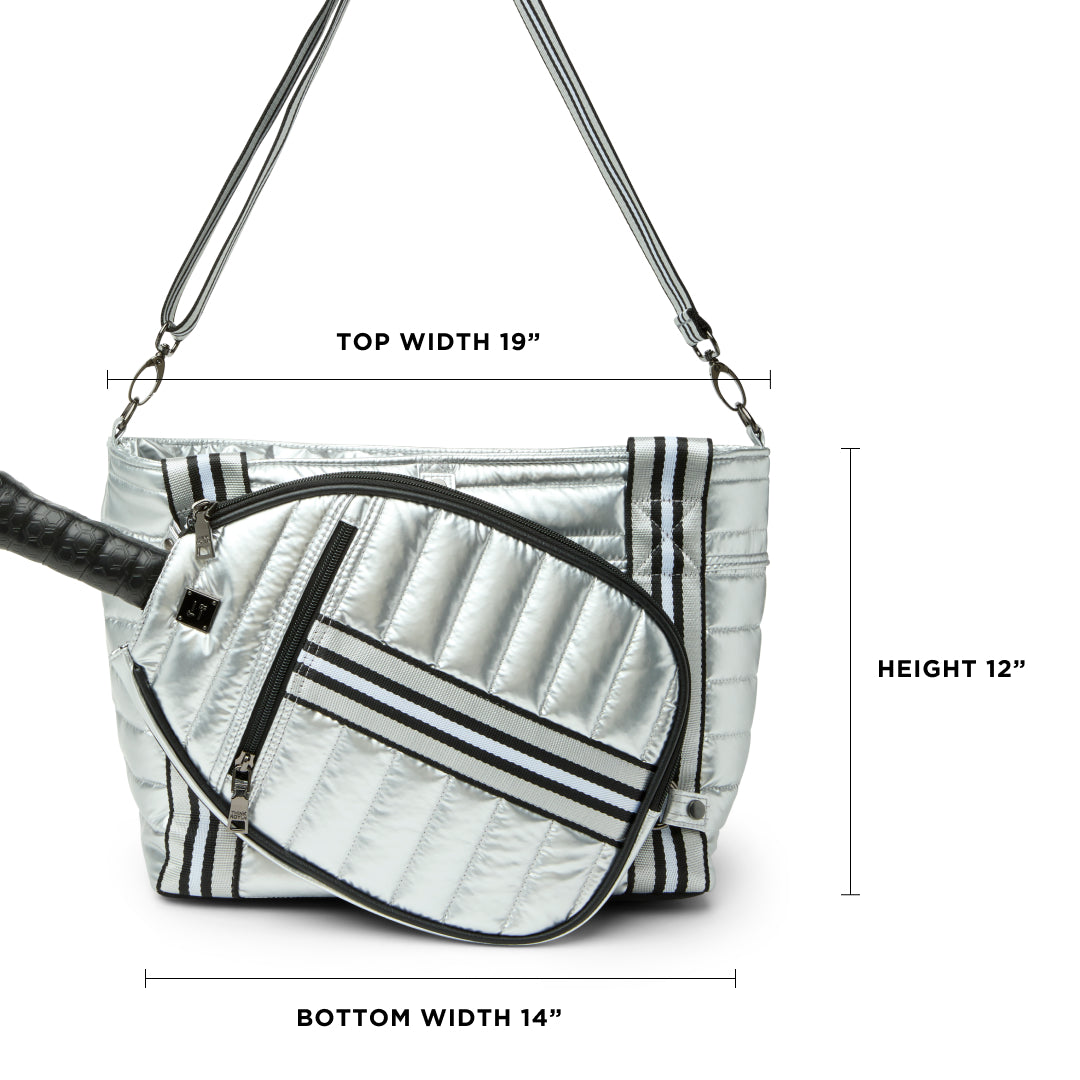 Think Royln Ace of the Court pickleball bag in sleek black patent with multiple compartments for gear storage.