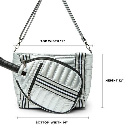 Think Royln Ace of the Court pickleball bag in sleek black patent with multiple compartments for gear storage.