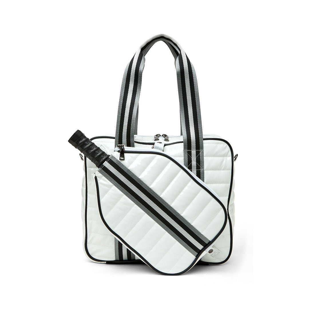 White patent Sporty Spice Pickleball Bag by Think Royln with multiple compartments and sporty design for pickleball gear storage.