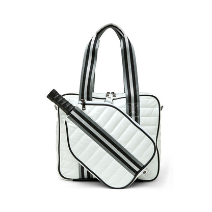White patent Sporty Spice Pickleball Bag by Think Royln with multiple compartments and sporty design for pickleball gear storage.