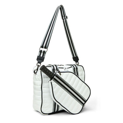 White patent Sporty Spice pickleball bag by Think Royln with sleek design and multiple compartments for sports gear and accessories.