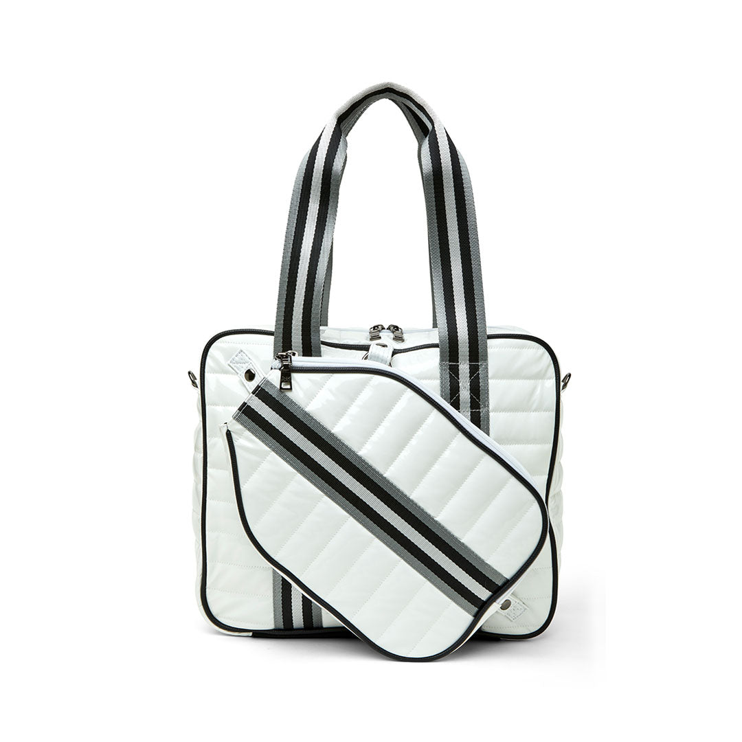 White patent Sporty Spice pickleball bag by Think Royln, featuring multiple compartments and sporty design for convenient storage.