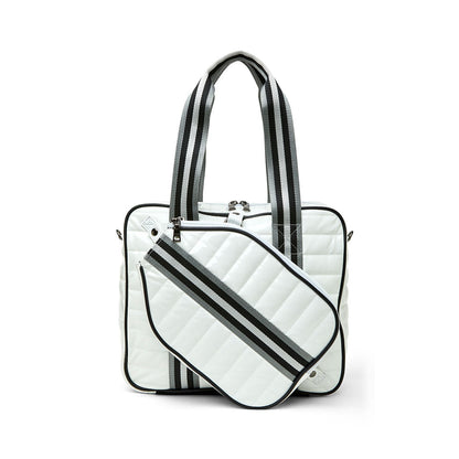 White patent Sporty Spice pickleball bag by Think Royln, featuring multiple compartments and sporty design for convenient storage.