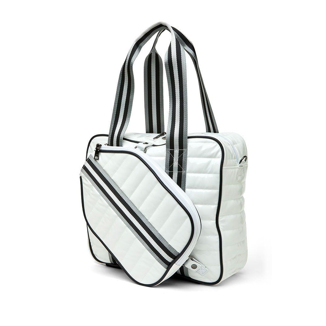 White patent Sporty Spice pickleball bag by Think Royln with multiple compartments and sporty design, ideal for pickleball players.