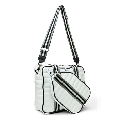 White patent Sporty Spice Pickleball Bag by Think Royln with multiple compartments and sporty design.