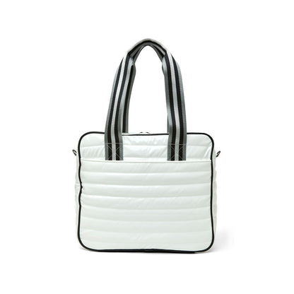 White patent Sporty Spice pickleball bag by Think Royln with multiple compartments and sporty design, perfect for pickleball players.