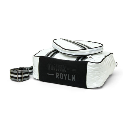 Think Royln Sporty Spice pickleball bag in white patent with sleek design and multiple compartments for sports gear storage.