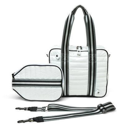 White patent Think Royln Sporty Spice pickleball bag with multiple compartments and sporty design for carrying pickleball gear.