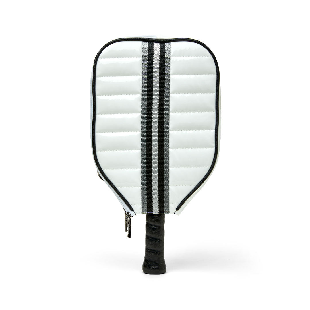 White patent Sporty Spice Pickleball Bag by Think Royln with sporty design and multiple compartments for pickleball gear.