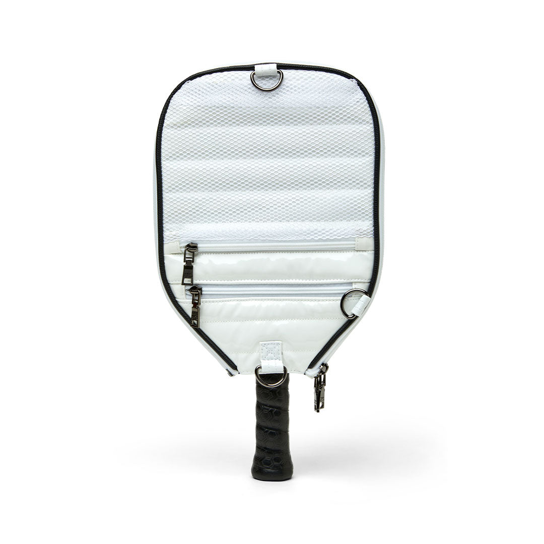 White patent Sporty Spice Pickleball Bag by Think Royln with multiple compartments and sporty design for pickleball players.