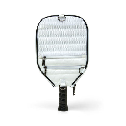 White patent Sporty Spice Pickleball Bag by Think Royln with multiple compartments and sporty design for pickleball players.