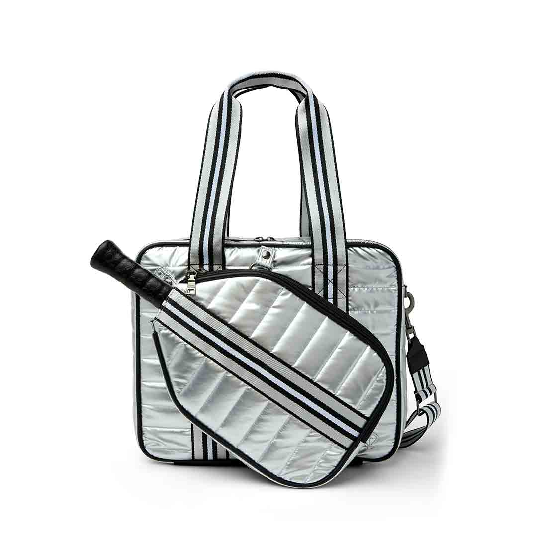 White patent Sporty Spice Pickleball Bag by Think Royln featuring multiple compartments and sporty design for pickleball players.