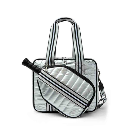 White patent Sporty Spice Pickleball Bag by Think Royln featuring multiple compartments and sporty design for pickleball players.