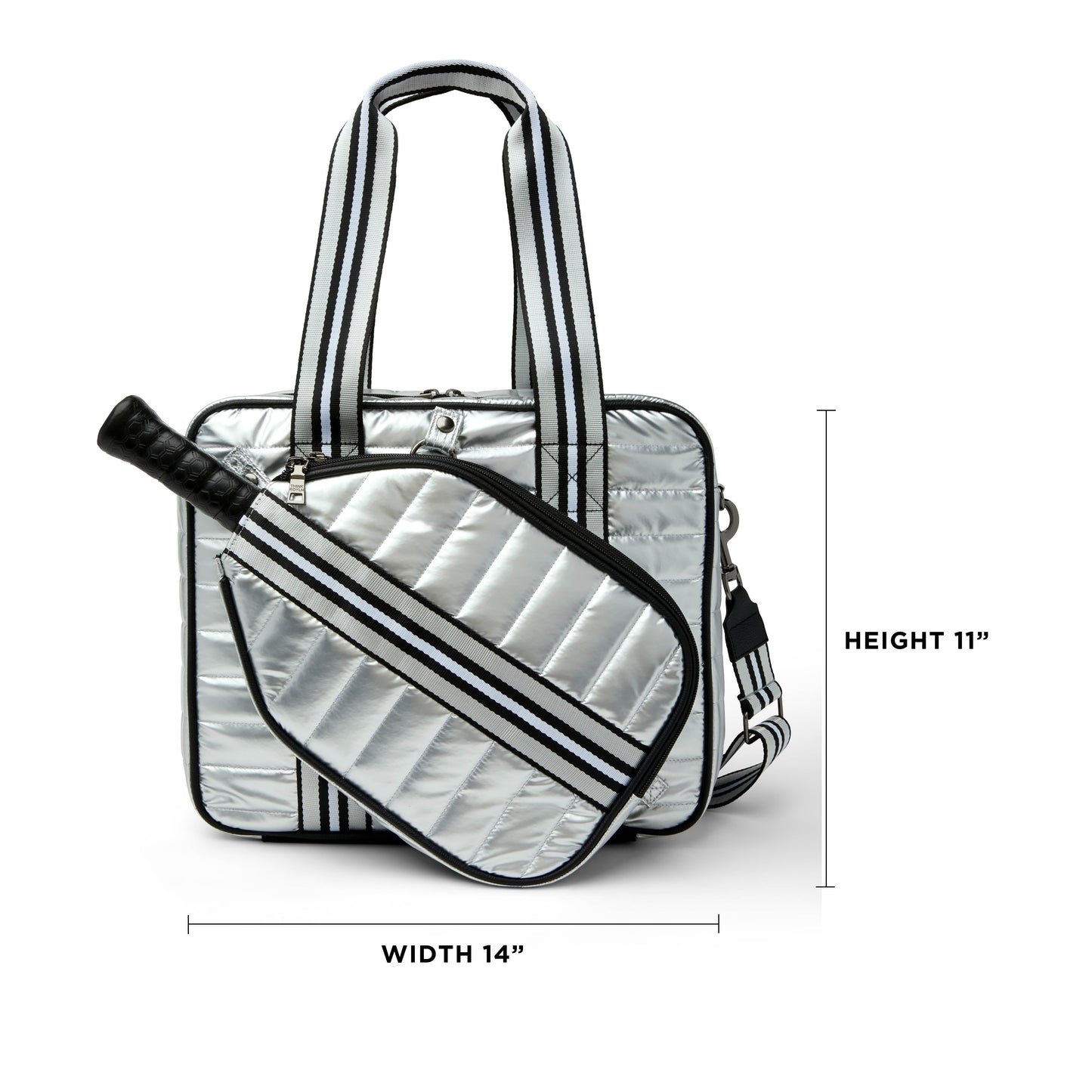 Think Royln Sporty Spice pickleball bag in white patent leather with sporty design and multiple compartments for accessories.