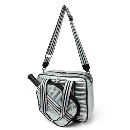 Think Royln Sporty Spice pickleball bag in white patent with sporty design and multiple compartments for accessories and paddles.