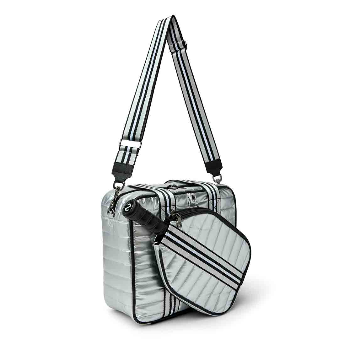 White patent Sporty Spice Pickleball Bag by Think Royln, stylish bag with multiple compartments for pickleball gear.