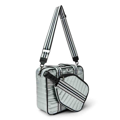 White patent Sporty Spice Pickleball Bag by Think Royln, stylish bag with multiple compartments for pickleball gear.