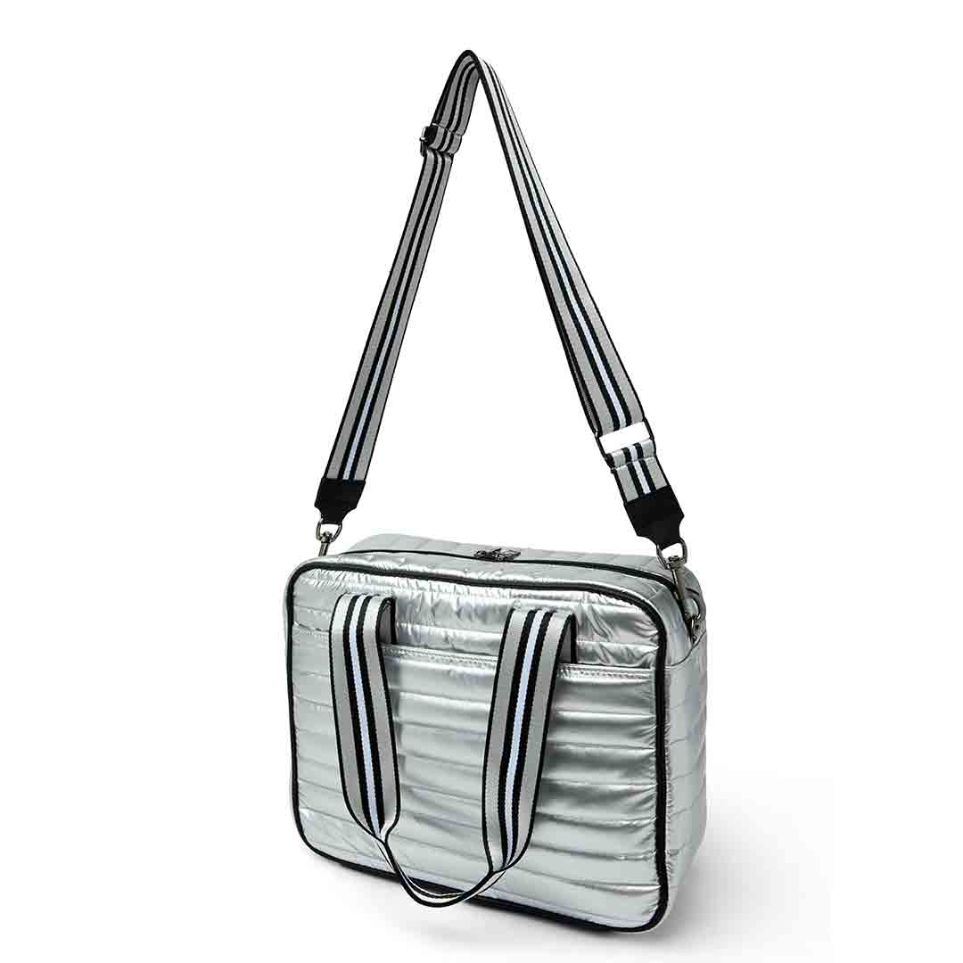 White patent Sporty Spice Pickleball Bag by Think Royln with multiple compartments and sporty design for pickleball gear storage.