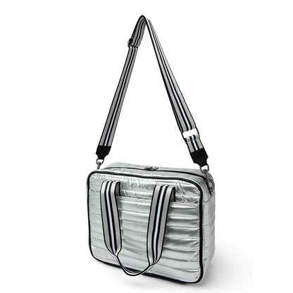 White patent Sporty Spice Pickleball Bag by Think Royln with multiple compartments and sporty design for pickleball gear storage.