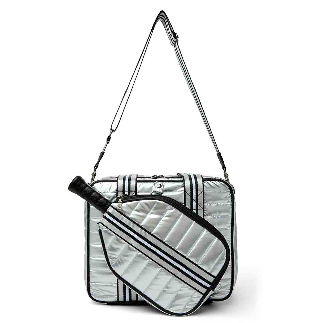 White patent Sporty Spice Pickleball Bag by Think Royln with sleek design and multiple compartments for sports gear storage.