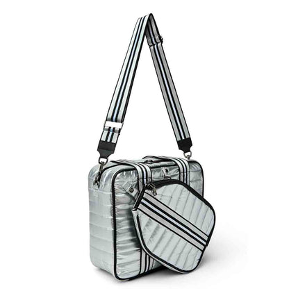 White patent Sporty Spice Pickleball Bag by Think Royln with multiple compartments and sporty design.