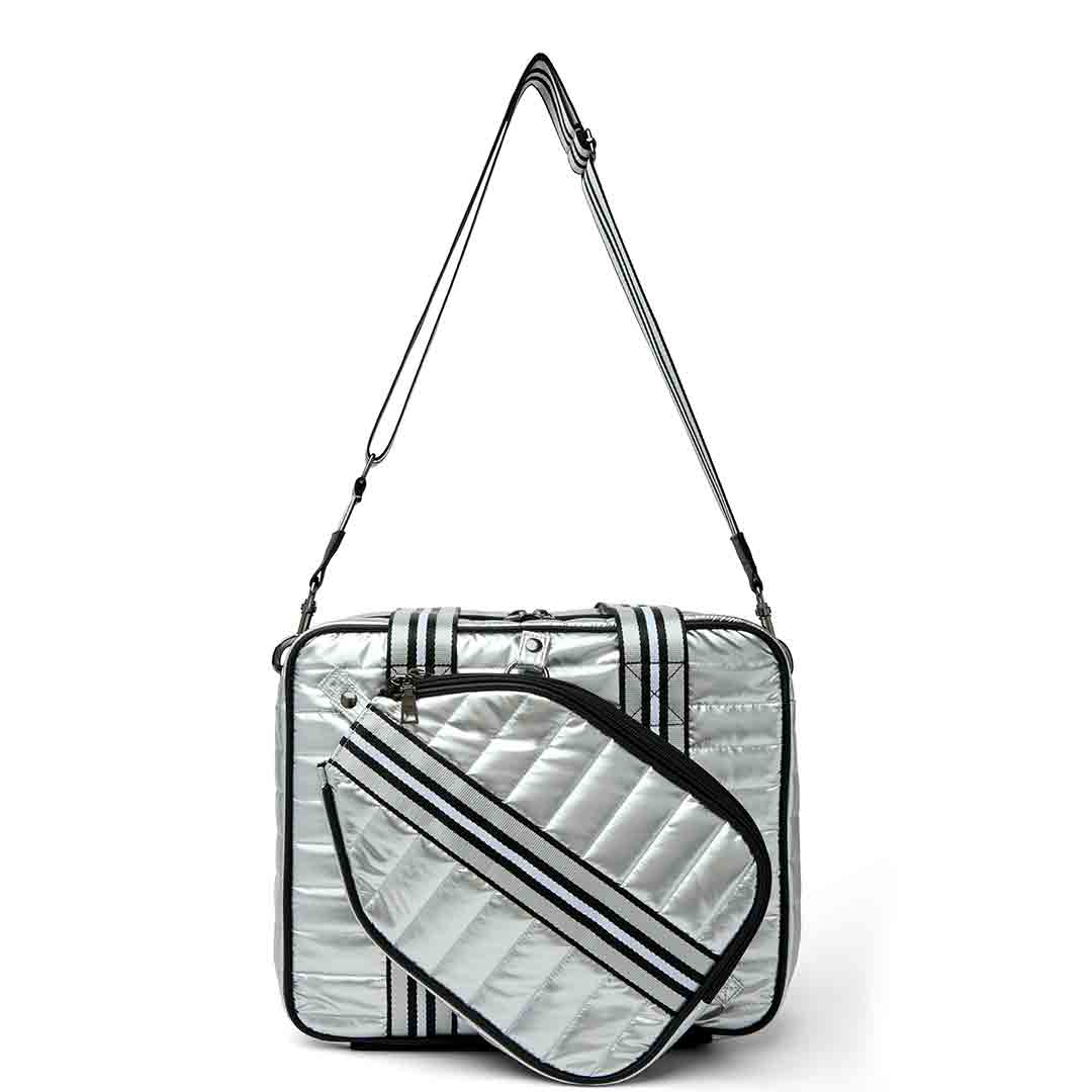 Think Royln white patent Sporty Spice Pickleball Bag with sleek design and multiple compartments for sports gear storage.