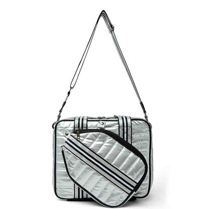 Think Royln white patent Sporty Spice Pickleball Bag with sleek design and multiple compartments for sports gear storage.