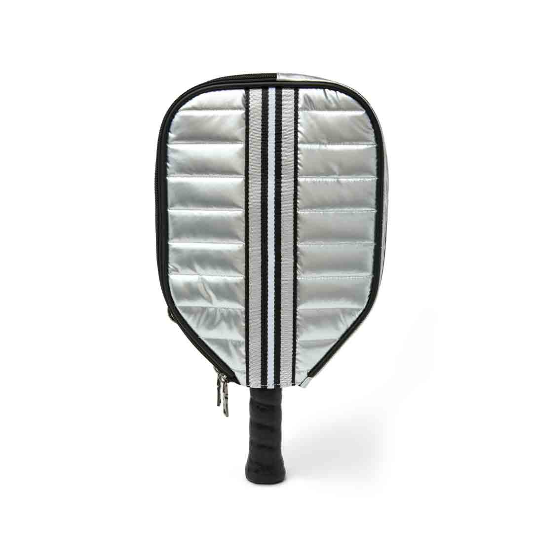 White patent Sporty Spice pickleball bag by Think Royln with multiple compartments and sporty design.