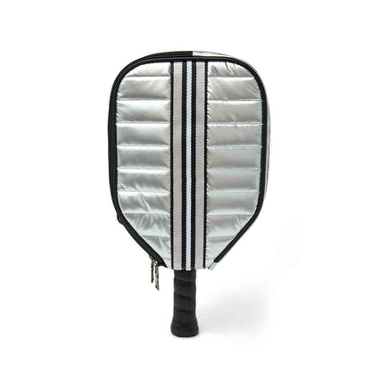 White patent Sporty Spice pickleball bag by Think Royln with multiple compartments and sporty design.