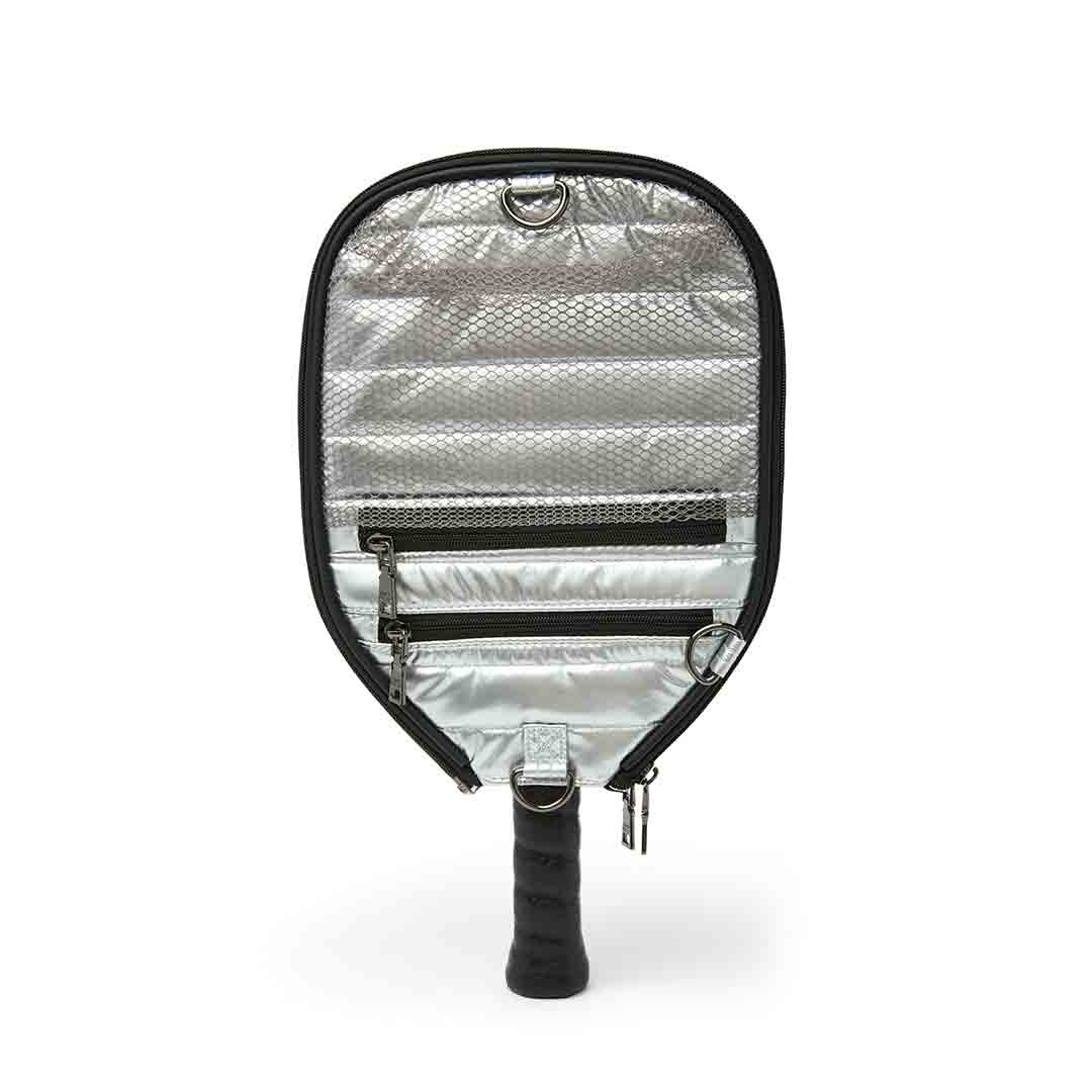 White patent Think Royln Sporty Spice pickleball bag with multiple compartments and sporty design.