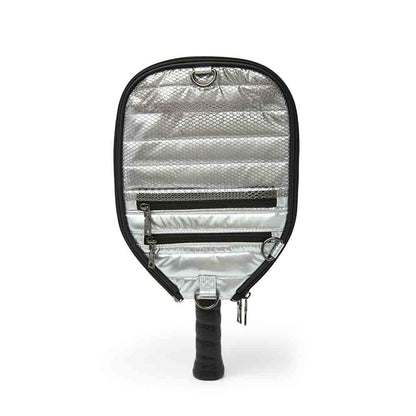 White patent Think Royln Sporty Spice pickleball bag with multiple compartments and sporty design.