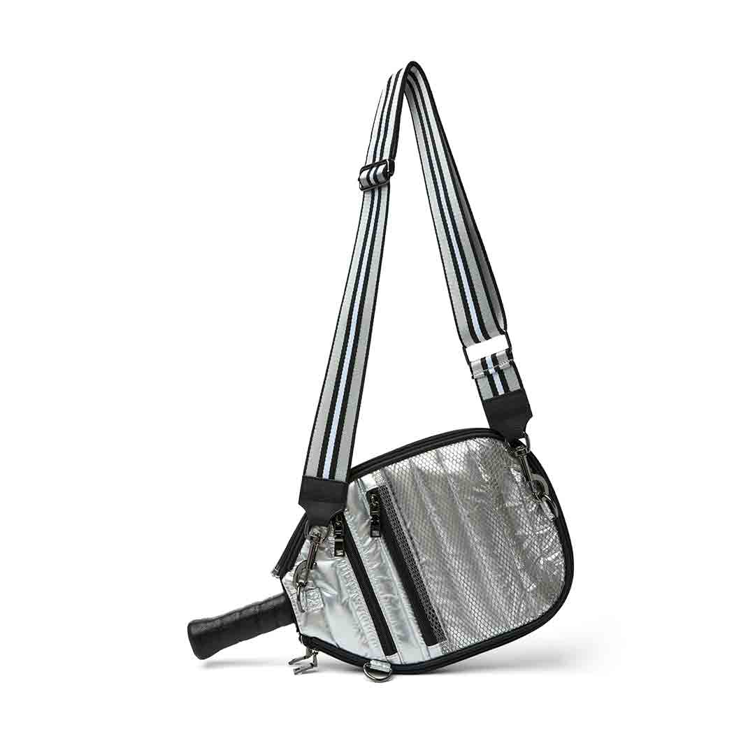 White patent Sporty Spice Pickleball Bag by Think Royln with sporty design and multiple compartments for accessories and gear.