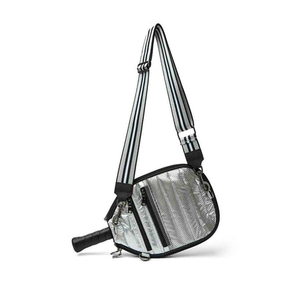 White patent Sporty Spice Pickleball Bag by Think Royln with sporty design and multiple compartments for accessories and gear.