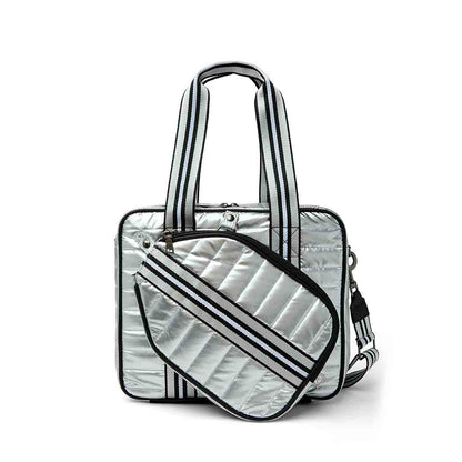 Think Royln Sporty Spice pickleball bag in white patent finish, showcasing its stylish design and spacious storage features.