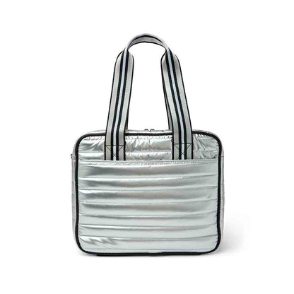 White patent Sporty Spice Pickleball Bag by Think Royln featuring a sleek, sporty design with multiple compartments for accessories.