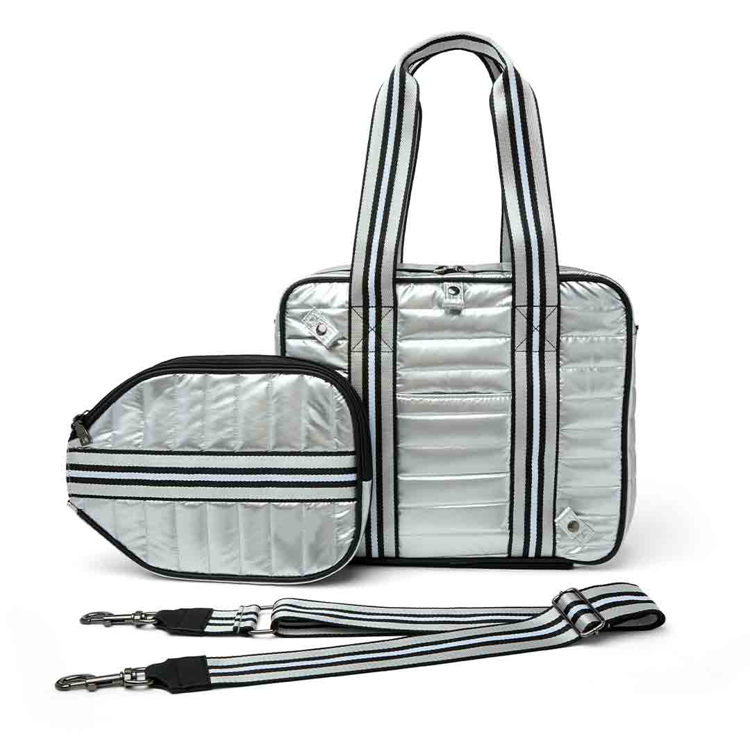 White patent Sporty Spice Pickleball Bag by Think Royln, featuring a sleek, sporty design with multiple compartments for accessories.
