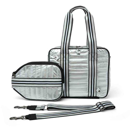 White patent Sporty Spice Pickleball Bag by Think Royln, featuring a sleek, sporty design with multiple compartments for accessories.