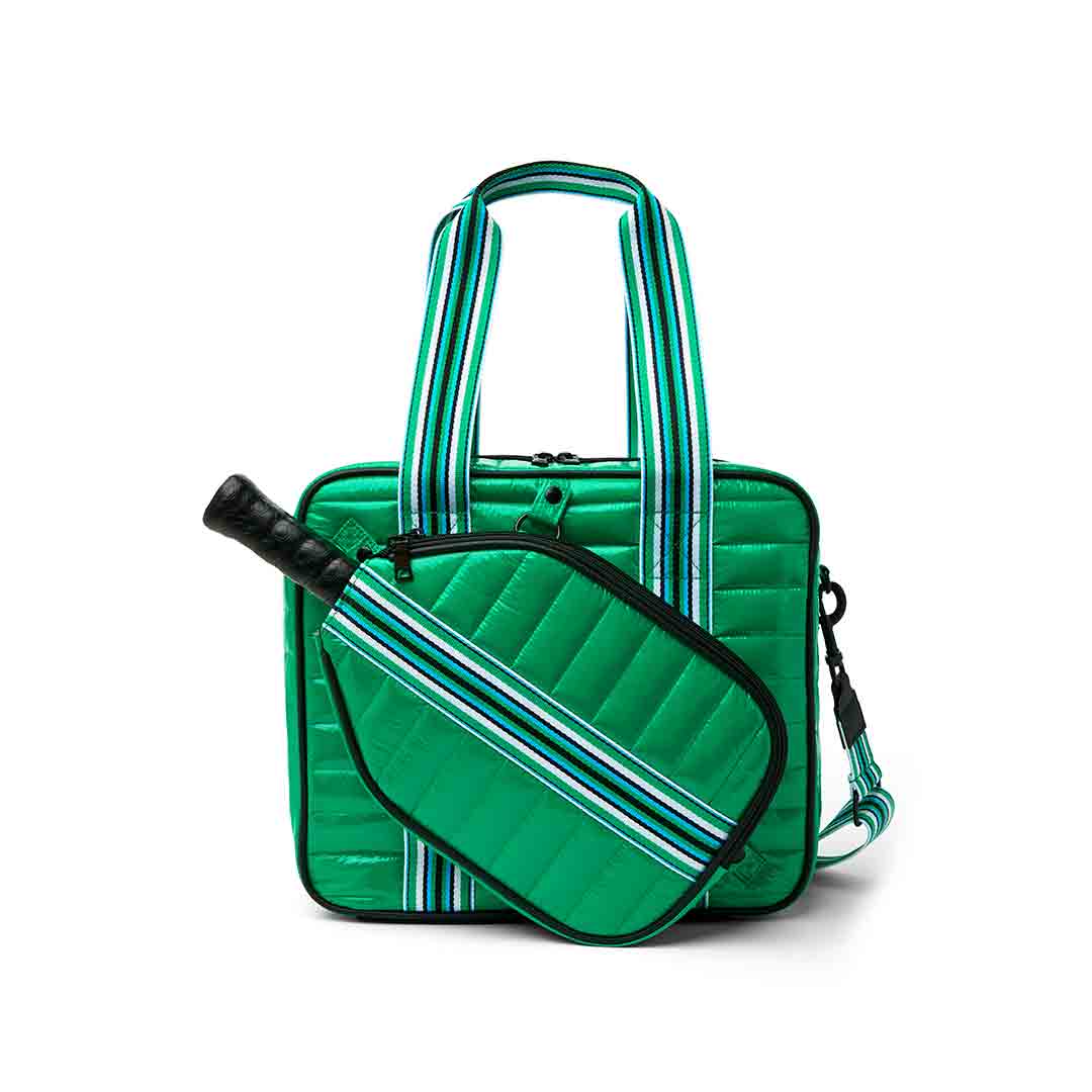 White patent Sporty Spice Pickleball Bag by Think Royln with multiple compartments and sporty design for pickleball gear storage.