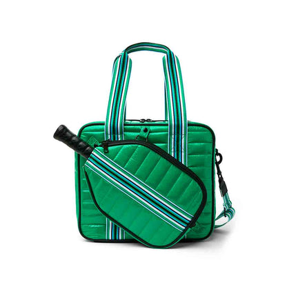 White patent Sporty Spice Pickleball Bag by Think Royln with multiple compartments and sporty design for pickleball gear storage.