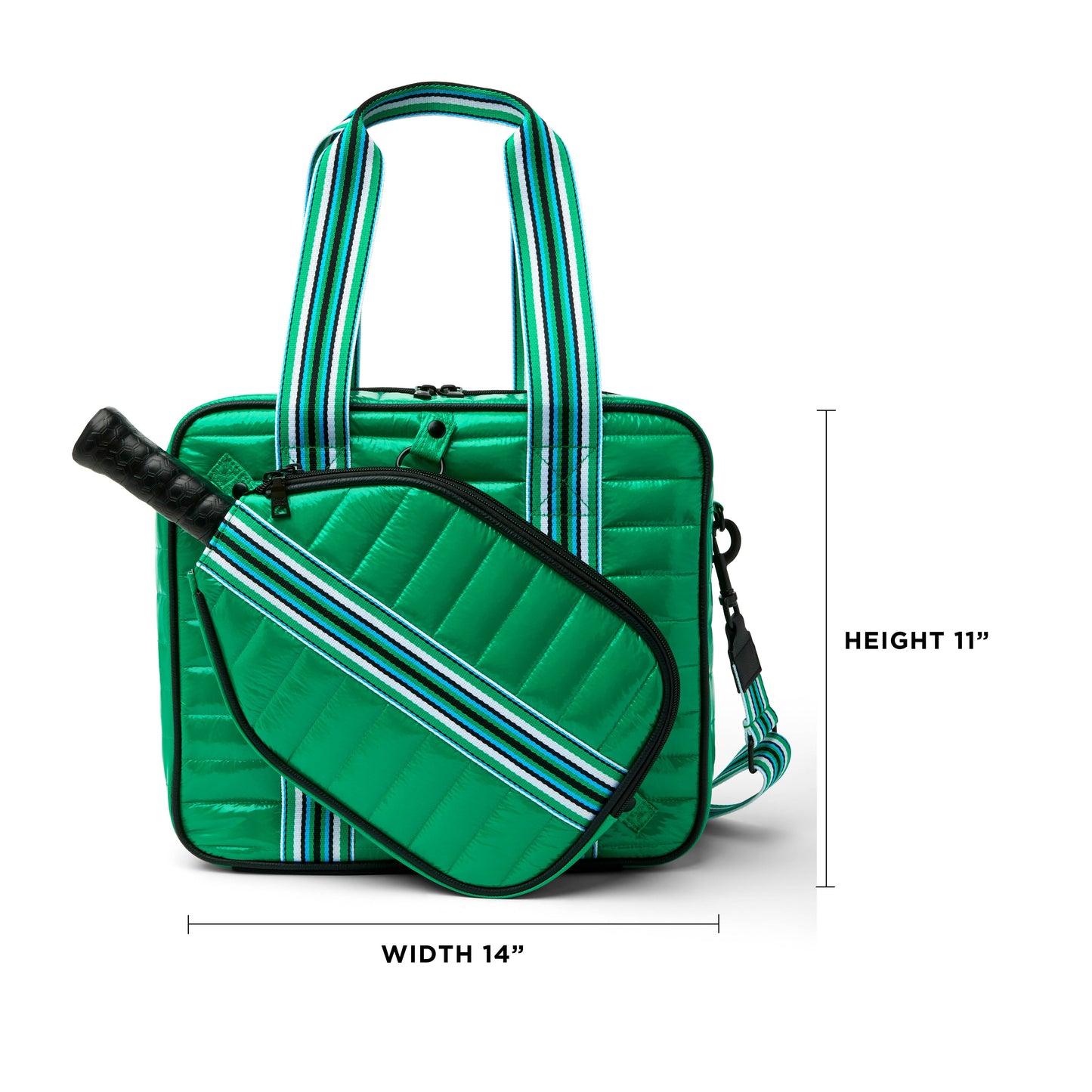 White patent Sporty Spice pickleball bag by Think Royln with multiple compartments and sporty design for easy carrying.